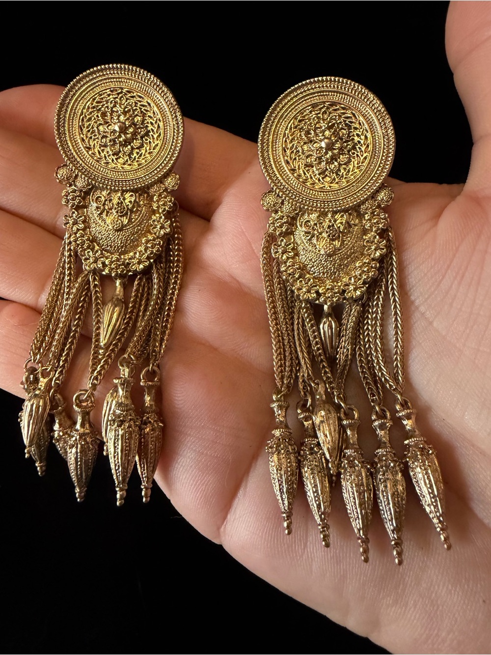 Greek Roman Detailed Inspired Dangling Goldtone Post Statement Earrings